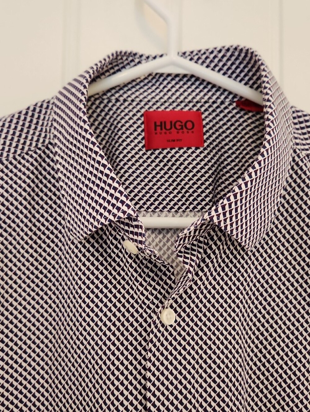Hugo Boss Slim Fit Navy and White Geometric Dress Shirt